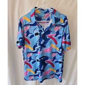 DEOLAX Mens Size M Polo‎ Golf Shirt Casual Classic Dry Fit Blue Geometric Design